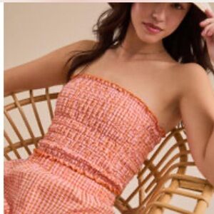 Altar’d State pink orange gingham smocked stretch crop top tube XL NWT $42